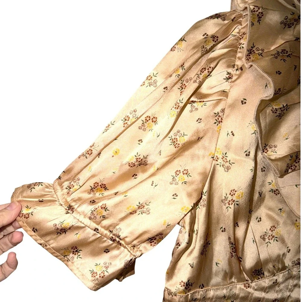 Free People Floral Milkmaid Top Small Satin Puff Sleeve Pintuck Cottagecore Gold
